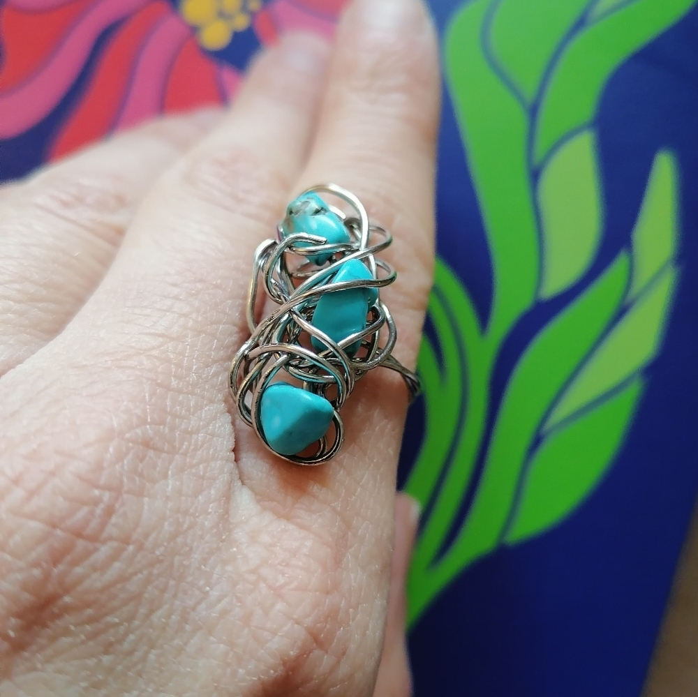wire wrapped handmade turquoise chip beaded ring